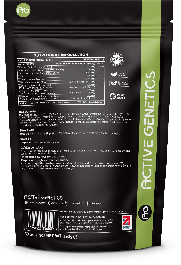 Active Genetics supplement package with nutritional information and branding on a black background
