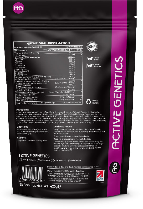 Back view of a black supplement package with Active Genetics branding on a white background
