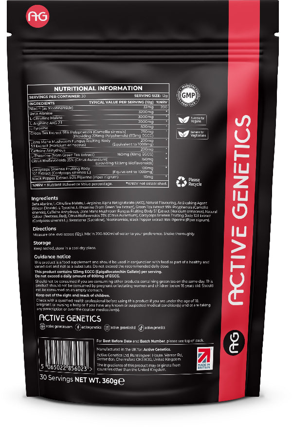 Back view of an Active Genetics supplement package with nutritional information and branding.