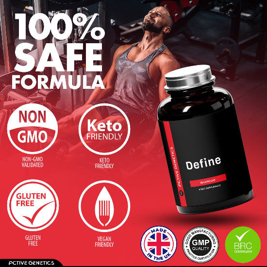 Supplement bottle with certification logos and gym background