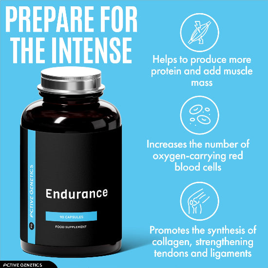 Black bottle labeled 'Endurance' on a blue background with text about health benefits.