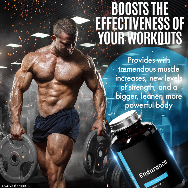 Muscular man lifting weights with a supplement bottle labeled 'Endurance' in a gym setting.